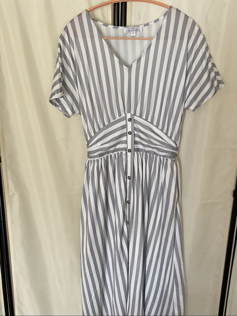 V-Neck Gray and White Striped Button-Front Midi Dress